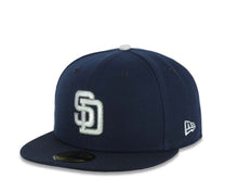 Load image into Gallery viewer, San Diego Padres New Era MLB 59FIFTY 5950 Fitted Cap Hat Navy Blue Crown/Visor Metallic White/Metallic Dark Gray Logo 1998 World Series Side Patch
