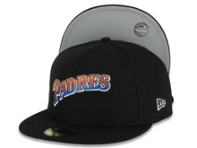 Load image into Gallery viewer, San Diego Padres New Era MLB 59FIFTY 5950 Fitted Cap Hat Black Crown/Visor Orange/Royal Blue/White Script Logo Gray UV
