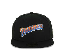 Load image into Gallery viewer, San Diego Padres New Era MLB 59FIFTY 5950 Fitted Cap Hat Black Crown/Visor Orange/Royal Blue/White Script Logo Gray UV
