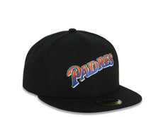 Load image into Gallery viewer, San Diego Padres New Era MLB 59FIFTY 5950 Fitted Cap Hat Black Crown/Visor Orange/Royal Blue/White Script Logo Gray UV
