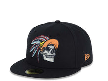 Load image into Gallery viewer, Mexico New Era 59FIFTY 5950 Fitted Cap Hat Navy Blue Crown/Visor Gray/Orange Skull Logo Aztec Calendar Side Patch Gray UV
