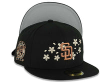 Load image into Gallery viewer, San Diego Padres New Era MLB 59FIFTY 5950 Fitted Cap Hat Black Crown/Visor Metallic Brown/Cream Logo With Cherry Blossoms 25th Anniversary Side Patch
