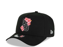 Load image into Gallery viewer, San Diego Padres New Era MLB 9FORTY 940 Adjustable A-Frame Cap Hat Black Crown/Visor Black/White/Pink Logo With Floral SD Logo Side Patch Gray UV
