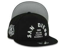 Load image into Gallery viewer, San Diego Padres New Era MLB 9FIFTY 950 Snapback Cap Hat Black Crown/Visor White 1969 Major League Baseball Logo 40th Anniversary Side Patch Gray UV

