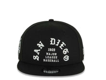 Load image into Gallery viewer, San Diego Padres New Era MLB 9FIFTY 950 Snapback Cap Hat Black Crown/Visor White 1969 Major League Baseball Logo 40th Anniversary Side Patch Gray UV
