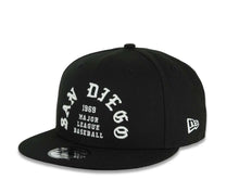 Load image into Gallery viewer, San Diego Padres New Era MLB 9FIFTY 950 Snapback Cap Hat Black Crown/Visor White 1969 Major League Baseball Logo 40th Anniversary Side Patch Gray UV
