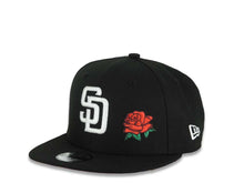 Load image into Gallery viewer, (Youth) San Diego Padres New Era MLB 9FIFTY 950 Snapback Cap Hat Black Crown/Visor White Logo With Rose 40th Anniversary Side Patch Red UV
