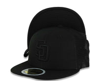 Load image into Gallery viewer, (Youth) San Diego Padres New Era MLB 59FIFTY 5950 Fitted Trucker/Mesh Cap Hat Black Crown/Visor Black Logo Black UV
