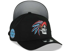 Load image into Gallery viewer, Mexico New Era 9FORTY 940 Adjustable A-Frame Cap Hat Black Crown/Visor White/Metallic Red/Blue Skull Logo Aztec Calendar Side Patch Gray UV
