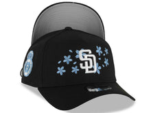Load image into Gallery viewer, San Diego Padres New Era MLB 9FORTY 940 Adjustable A-Frame Cap Hat Black Crown/Visor White Logo With Sky Blue Cherry Blossoms Floral Side Patch

