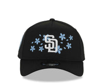 Load image into Gallery viewer, San Diego Padres New Era MLB 9FORTY 940 Adjustable A-Frame Cap Hat Black Crown/Visor White Logo With Sky Blue Cherry Blossoms Floral Side Patch
