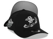 Load image into Gallery viewer, San Diego Padres New Era MLB 9FORTY 940 Adjustable A-Frame Cap Hat Black Crown/Visor White Surfing Logo 1998 World Series Side Patch Gray UV
