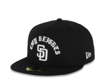 Load image into Gallery viewer, San Diego Padres New Era MLB 59FIFTY 5950 Fitted Cap Hat Black Crown/Visor White City Heights Script/Text Logo 40th Anniversary Side Patch Gray UV
