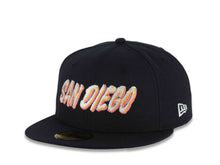 Load image into Gallery viewer, San Diego Padres New Era MLB 59FIFTY 5950 Fitted Cap Hat Navy Blue Crown/Visor White/Orange Script Logo SD City Connect Floral Logo Side Patch Gray UV
