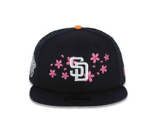 Load image into Gallery viewer, San Diego Padres New Era MLB 9FIFTY 950 Snapback Cap Hat Navy Blue Crown/Visor White Logo With Hot Pink Cherry Blossoms 1998 World Series Side Patch
