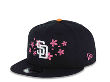 Load image into Gallery viewer, San Diego Padres New Era MLB 9FIFTY 950 Snapback Cap Hat Navy Blue Crown/Visor White Logo With Hot Pink Cherry Blossoms 1998 World Series Side Patch
