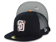 Load image into Gallery viewer, San Diego Padres New Era MLB 59FIFTY 5950 Fitted Mesh Trucker Cap Hat Navy Blue Crown/Visor White/Pink Logo (2026 City Connect Batting Practice)
