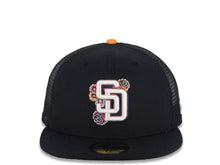 Load image into Gallery viewer, San Diego Padres New Era MLB 59FIFTY 5950 Fitted Mesh Trucker Cap Hat Navy Blue Crown/Visor White/Pink Logo (2026 City Connect Batting Practice)
