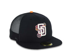 Load image into Gallery viewer, San Diego Padres New Era MLB 59FIFTY 5950 Fitted Mesh Trucker Cap Hat Navy Blue Crown/Visor White/Pink Logo (2026 City Connect Batting Practice)
