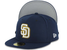 Load image into Gallery viewer, San Diego Padres New Era MLB 59FIFTY 5950 Fitted Cap Hat Navy Blue Crown/Visor White/Navy Blue/Yellow Logo Gray UV
