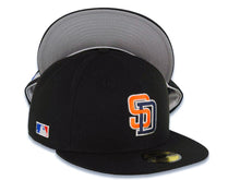Load image into Gallery viewer, San Diego Padres New Era MLB 59FIFTY 5950 Fitted Cap Hat Black Crown/Visor Orange/Navy Blue/White Flat Stitching Logo Batterman Batty Side Patch
