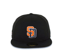 Load image into Gallery viewer, San Diego Padres New Era MLB 59FIFTY 5950 Fitted Cap Hat Black Crown/Visor Orange/Navy Blue/White Flat Stitching Logo Batterman Batty Side Patch
