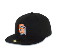 Load image into Gallery viewer, San Diego Padres New Era MLB 59FIFTY 5950 Fitted Cap Hat Black Crown/Visor Orange/Navy Blue/White Flat Stitching Logo Batterman Batty Side Patch
