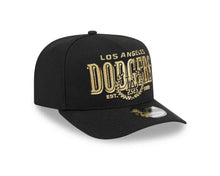 Load image into Gallery viewer, Los Angeles Dodgers New Era MLB 9FIFTY 950 Snapback A-Frame Cap Hat Black Crown/Visor Gold/Black Script Logo Gray UV
