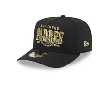 Load image into Gallery viewer, San Diego Padres New Era MLB 9FIFTY 950 Snapback A-Frame Cap Hat Black Crown/Visor Gold/Black Script Logo Gray UV
