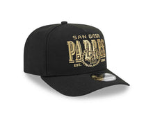 Load image into Gallery viewer, San Diego Padres New Era MLB 9FIFTY 950 Snapback A-Frame Cap Hat Black Crown/Visor Gold/Black Script Logo Gray UV
