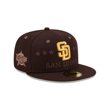 Load image into Gallery viewer, San Diego Padres New Era MLB 59Fifty 5950 Fitted Cap Hat Dark Brown Crown/Visor Yellow/Brown Logo 2026 All Star Game Sidepatch
