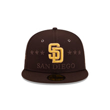 Load image into Gallery viewer, San Diego Padres New Era MLB 59Fifty 5950 Fitted Cap Hat Dark Brown Crown/Visor Yellow/Brown Logo 2026 All Star Game Sidepatch
