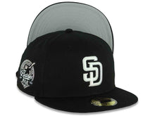 Load image into Gallery viewer, San Diego Padres New Era MLB 59FIFTY 5950 Fitted Cap Hat Black Crown/Visor White Logo 40th Anniversary Side Patch Gray UV
