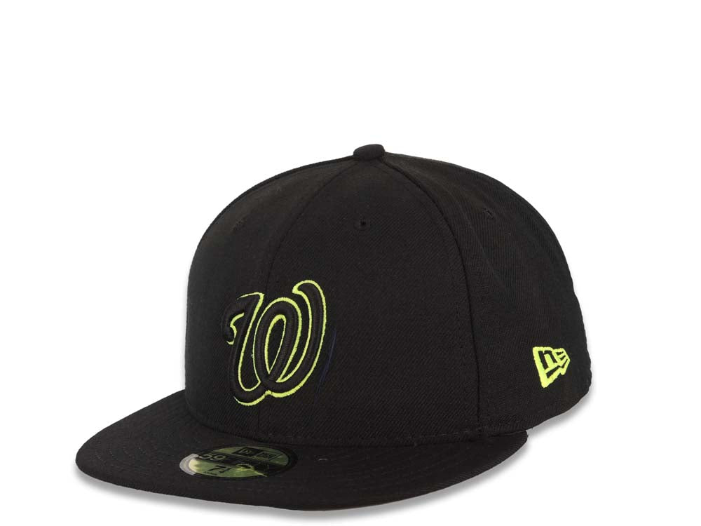 Washington Nationals New Era MLB 59FIFTY 5950 Fitted Cap Hat Black Crown/Visor Black/Neon Yellow Logo