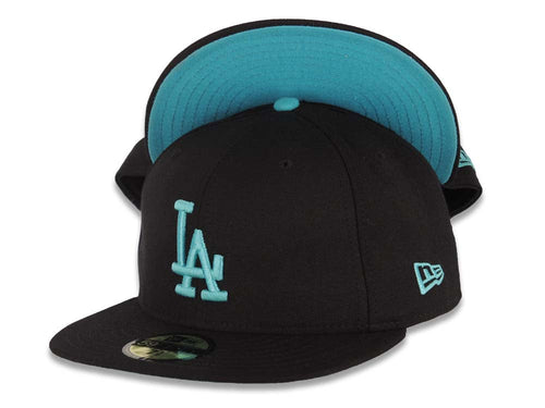 Los Angeles Dodgers New Era MLB 59FIFTY 5950 Fitted Cap Hat Black Crown/Visor Aqua Logo Aqua UV