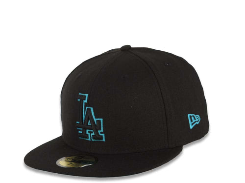Los Angeles Dodgers New Era MLB 59FIFTY 5950 Fitted Cap Hat Black Crown/Visor Black/Aqua Logo