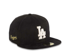 Load image into Gallery viewer, Los Angeles Dodgers New Era MLB 59FIFTY 5950 Fitted Cap Hat Black Suede Crown/Visor White Logo Gold Dodgers Text/Script Side Logo
