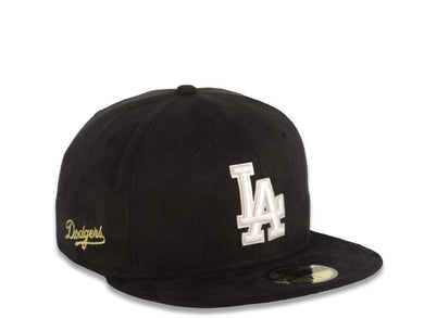 Los Angeles Dodgers New Era MLB 59FIFTY 5950 Fitted Cap Hat Black Suede Crown/Visor White Logo Gold Dodgers Text/Script Side Logo