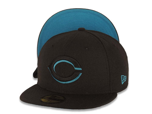 Cincinnati Reds New Era MLB 59FIFTY 5950 Fitted Cap Hat Black Crown/Visor Black/Teal Blue Logo