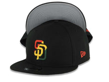 Load image into Gallery viewer, (Rasta Color) San Diego Padres New Era MLB 9FIFTY 950 Snapback Cap Hat Black Crown/Visor Red/Yellow/Green Diagonal Logo Gray UV
