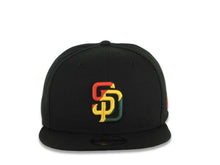 Load image into Gallery viewer, (Rasta Color) San Diego Padres New Era MLB 9FIFTY 950 Snapback Cap Hat Black Crown/Visor Red/Yellow/Green Diagonal Logo Gray UV
