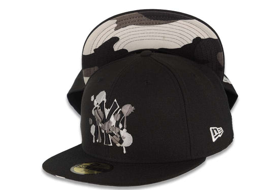 New York Yankees New Era MLB 59FIFTY 5950 Fitted Cap Hat Black Crown/Visor Black/White Splatter Logo Camo UV