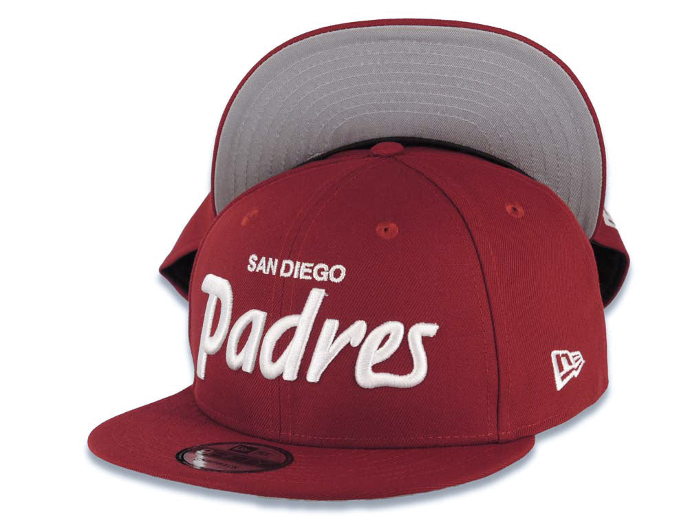 San Diego Padres New Era MLB 9FIFTY 950 Snapback Cap Hat Cardinal Crown/Visor White Text/Script Logo Gray UV