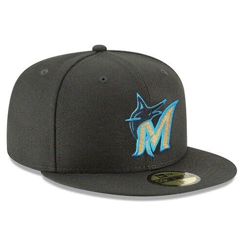 Miami Marlins New Era MLB 59FIFTY 5950 Fitted Cap Hat Black Crown/Visor Metallic Gold/Blue Logo