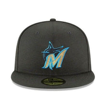 Load image into Gallery viewer, Miami Marlins New Era MLB 59FIFTY 5950 Fitted Cap Hat Black Crown/Visor Metallic Gold/Blue Logo
