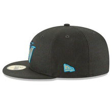 Load image into Gallery viewer, Miami Marlins New Era MLB 59FIFTY 5950 Fitted Cap Hat Black Crown/Visor Metallic Gold/Blue Logo
