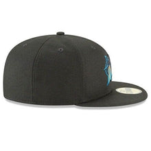 Load image into Gallery viewer, Miami Marlins New Era MLB 59FIFTY 5950 Fitted Cap Hat Black Crown/Visor Metallic Gold/Blue Logo
