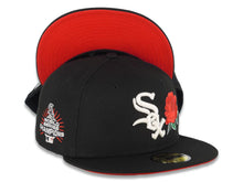 Load image into Gallery viewer, Chicago White Sox New Era MLB 59FIFTY 5950 Fitted Cap Hat Black Crown/Visor White Logo with Rose 2005 World Series Side Patch
