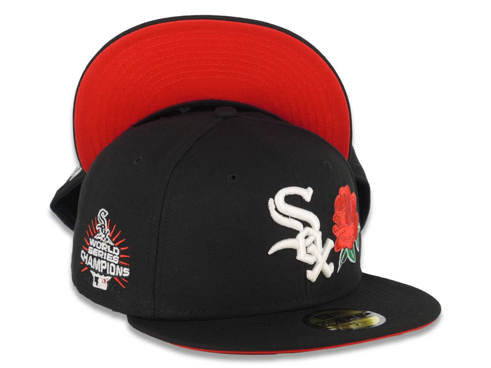 Chicago White Sox New Era MLB 59FIFTY 5950 Fitted Cap Hat Black Crown/Visor White Logo with Rose 2005 World Series Side Patch