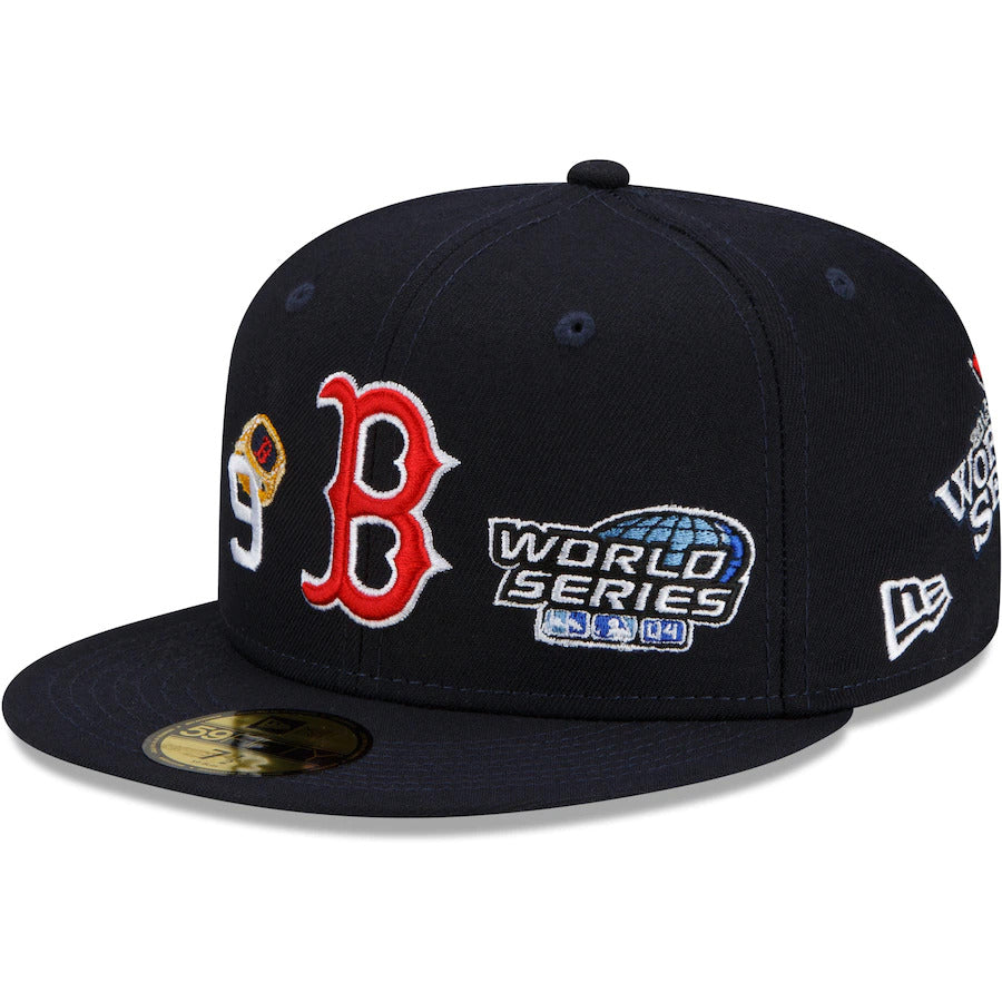 Boston Red Sox New Era MLB 59FIFTY 5950 Fitted Cap Hat Navy Blue Crown/Visor Team Color Logo (9x Count The Rings)